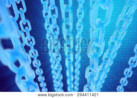3d Illustration Digital Blockchain Code. Chain Links Network. Binary Code On The Background. Concept