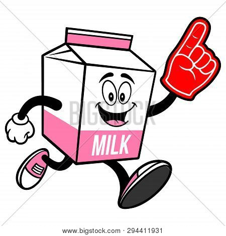 Strawberry Milk Carton Mascot Running With A Foam Finger - A Cartoon Illustration Of A Strawberry Mi