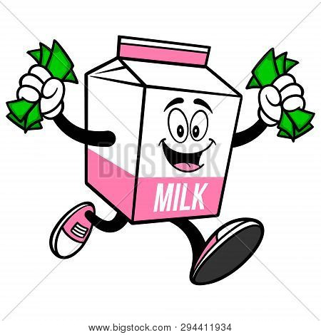 Strawberry Milk Carton Mascot Running With Money - A Cartoon Illustration Of A Strawberry Milk Carto