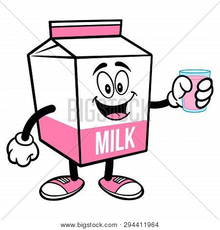Strawberry Milk Carton Mascot With A Glass Of Strawberry Milk - A Cartoon Illustration Of A Strawber