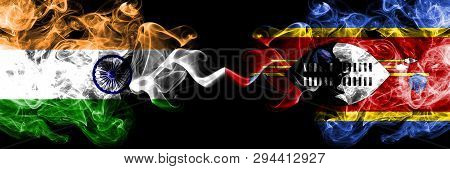 India Vs Swaziland, Swazi Smoke Flags Placed Side By Side. Thick Colored Silky Smoke Flags Of Indian