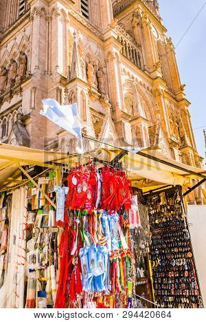 Lujan, Buenos Aires, Argentina, April 7, 2019: Sale Of Religious Articles In Street Stalls In Lujan