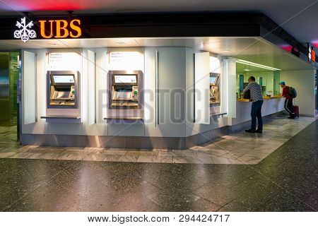 ZURICH, SWITZERLAND - CIRCA OCTOBER, 2018: ATMs of UBS bank in Zurich International Airport.