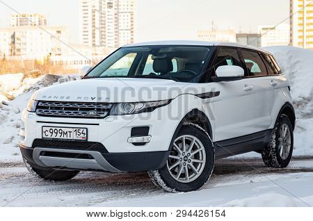 Novosibirsk, Russia - 03.10.2019: Front View Of Range Rover Land Rover Evoque In White Color After C