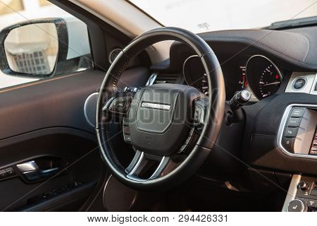 Novosibirsk, Russia - 03.10.2019: View To The Interior Of Land Rover Evoque With Dashboard And Steer