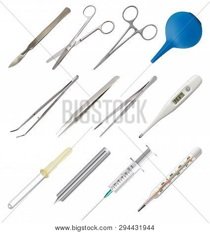 Set Of Medical Hand Tools. Tweezers Different Types, All-metal Reusable Scalpel, Clip Fastener, Surg