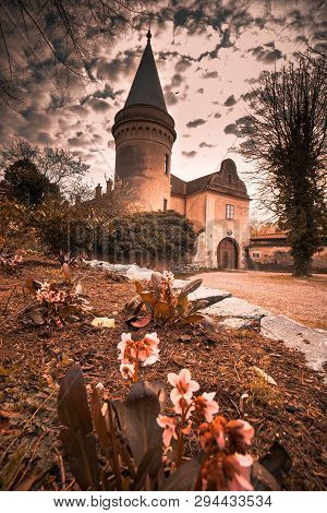 Beautiful Old Castle In Bad Fischau Brunn During Spring