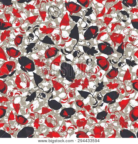 Vector Illustration Of Stylized Abstract Florals In Shades Of Red, Burgundy, Cream, White And Black.
