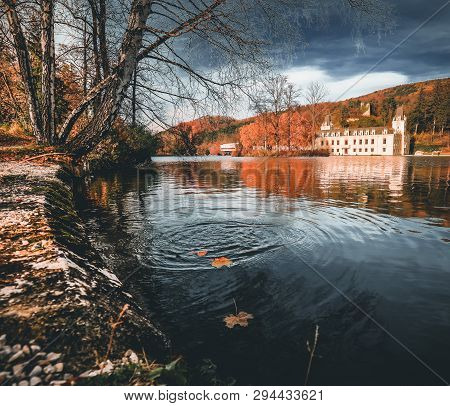 Magical Autumn Lake Landscape In The Park Of Castle Hernstein In Austria
