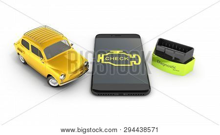 Car Diagnostic Concept Close Up Of Obd2 Wireless Scanner With Smartphone And Retro Car On White Back