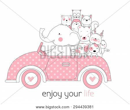 Cute Baby Animals With Cat Cartoon Hand Drawn Style,for Printing,card, T Shirt,banner,product.vector