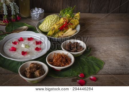 Khao-chae, Cooked Rice Soaked In Iced Water In The White Bowl And Eaten With The Usual Complementary