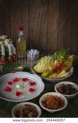 Khao-chae, Cooked Rice Soaked In Iced Water In The White Bowl And Eaten With The Usual Complementary