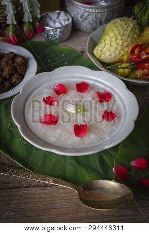 Khao-chae, Cooked Rice Soaked In Iced Water In The White Bowl And Eaten With The Usual Complementary