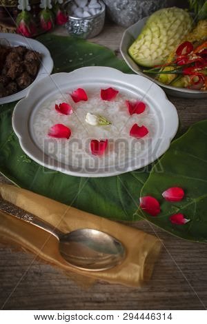 Khao-chae, Cooked Rice Soaked In Iced Water In The White Bowl And Eaten With The Usual Complementary