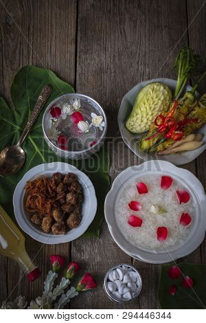 Khao-chae, Cooked Rice Soaked In Iced Water In The White Bowl And Eaten With The Usual Complementary