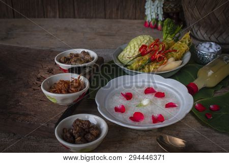 Khao-chae, Cooked Rice Soaked In Iced Water In The White Bowl And Eaten With The Usual Complementary