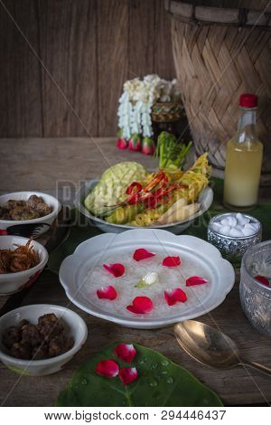 Khao-chae, Cooked Rice Soaked In Iced Water In The White Bowl And Eaten With The Usual Complementary
