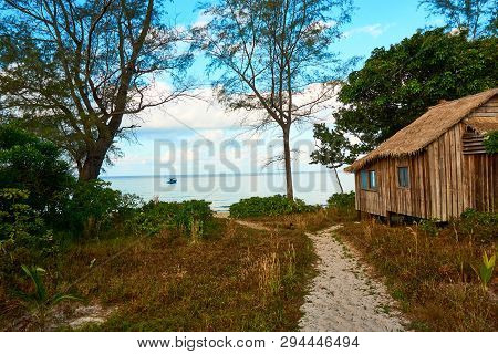 House Bungalow At Lazy Beach At Sunny Summer Day. Koh Rong Sanloem Island, Lazy Beach. Cambodia, Asi
