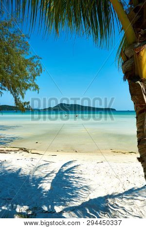 Palm Beach At Nice Sunny Summer Day. Koh Rong Sanloem Island, Saracen Bay. Cambodia, Asia