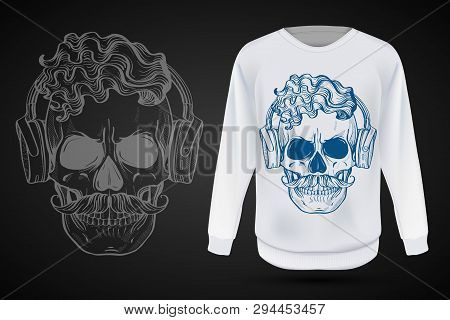 Angry Skull With Cirly Hairstyle, Moustaches And Headphone. Vector Illustration, Eps 10