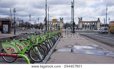 Budapest, Hungary, March 15 2019: Bubi Moll Rent A Bike Station In Andrassy Street