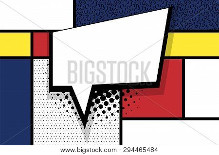 Retro Mondrian Red Yellow Blue Geometric Background. Comic Text Speech Bubble Box. Minimal Trendy Fa