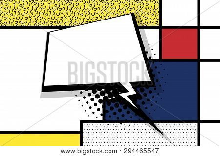 Retro Mondrian Red Yellow Blue Geometric Background. Comic Text Speech Bubble Box. Minimal Trendy Fa
