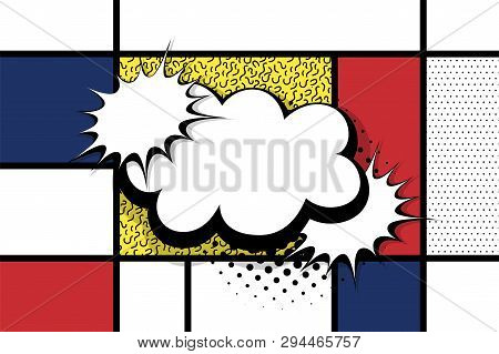 Retro Mondrian Red Yellow Blue Geometric Background. Comic Text Speech Bubble Box. Minimal Trendy Fa