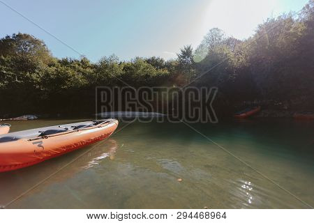 Rubber Boat In Canyon. Martvili Canyon In Georgia.