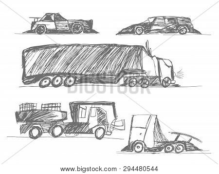 Childrens Drawings Cars.  Trucks, Van, Loader, Tractor. Sports Car. Elements For The Design.