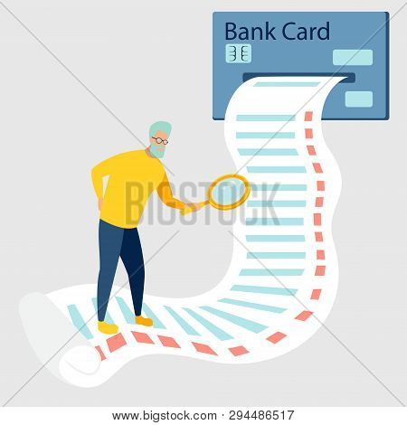 The Pensioner Considers A Large Check, Bill For Products Or Utilities. In Minimalist Style. Cartoon 