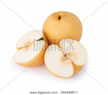 Chinese Pear Fruit With Sliced Isolated On White Background