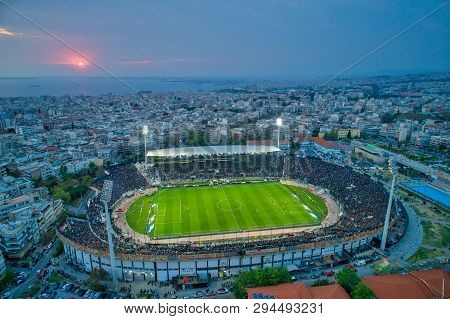 Aerial Soot Of The Toumba Stadium Full Of Fans During A Football Match For The Championship Between