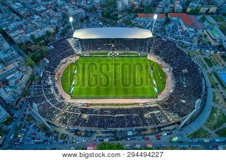 Aerial Soot Of The Toumba Stadium Full Of Fans During A Football Match For The Championship Between