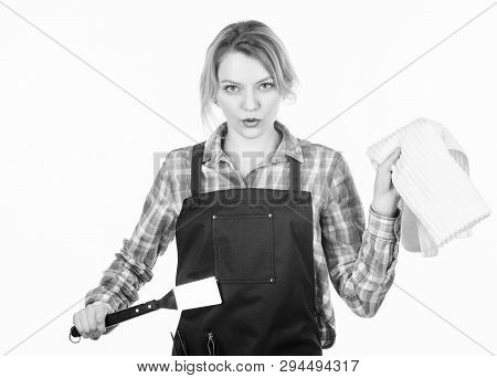 Grilling Food. Woman Checkered Shirt And Apron For Cooking White Background. Cooking Meat At Low Tem