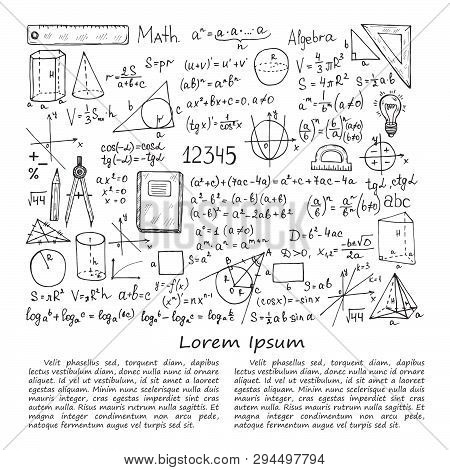 Illustration With Hand Drawn Mathematics Formules And Other Elemets. Science Collection. Vector.