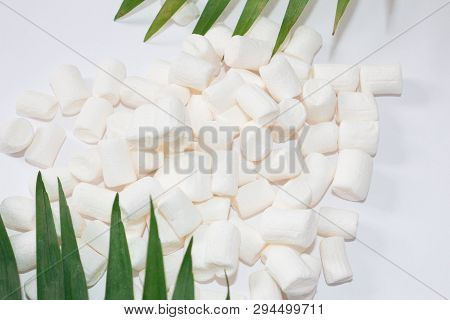 Top View Of Fluffy White Marshmallow Isolated On White Background. Sweet Food. Background Or Texture