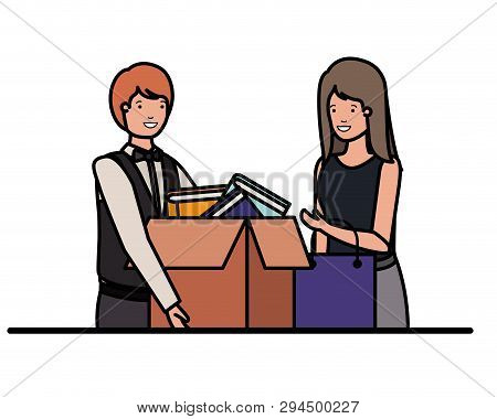 Cuople With Cardboard Box And Shopping Bag Vector Illustration Desing