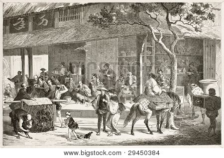 Traditionele Japanse thee huis oude illustratie. Gemaakt door Bayard na antieke Japanse gravures