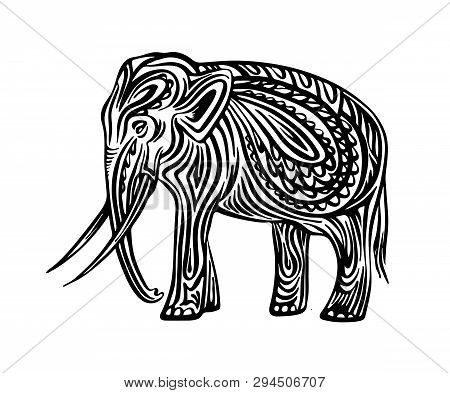 Stylized Decorative Hand Drawn Elephant. Vector Black Ink Drawing Isolated On White Background. Grap