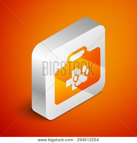 Isometric Pet First Aid Kit Icon Isolated On Orange Background. Dog Or Cat Paw Print. Clinic Box. Si