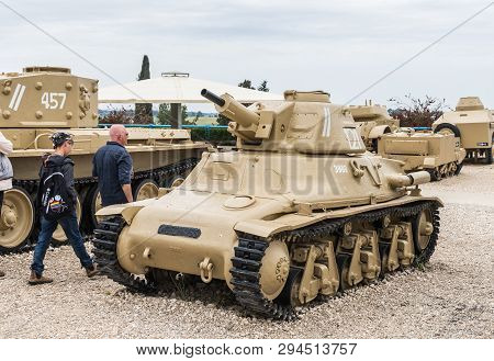 Latrun, Israel, April 06, 2019 : Light Tank Hotchkiss Is On The Memorial Site Near The Armored Corps