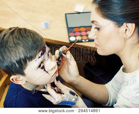 Little Cute Child Making Facepaint On Birthday Party, Zombie Apocalypse Facepainting, Halloween Prep
