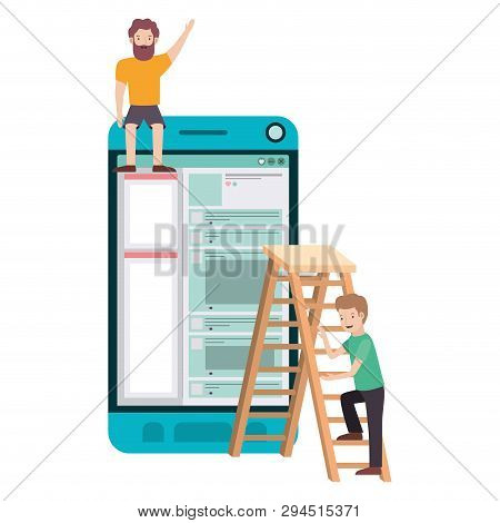 Men With Smartphone And Stepladder Avatar Chatacte Vector Illustration Desing
