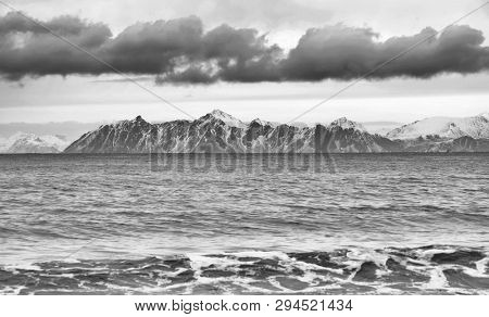 Winter harsh landscape in Lofoten Archipelago, Norway, Europe
