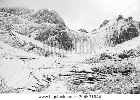 Winter harsh landscape in Lofoten Archipelago, Norway, Europe