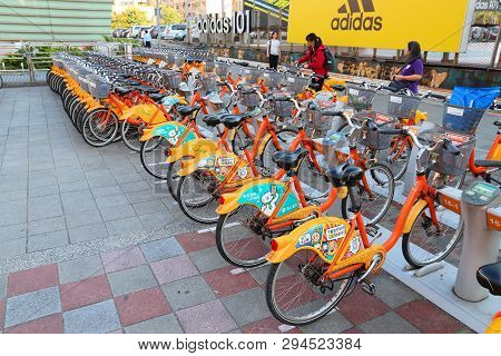 Taipei, Taiwan - December 3, 2018: City Bicycle Sharing Station In Taipei, Taiwan. The Bike Sharing 