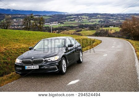 Aviernoz, France - March 10, 2019: Motor Car Bmw 520d (g30) At The Narrow Alpine Road.