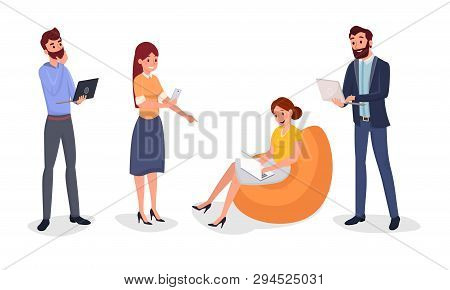 Break At Work, Business Lounge Zone Illustration. Smiling Colleagues In Formal Clothing Cartoon Char